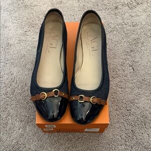 AGL Denim and Navy Patent Flats with Brown Strap